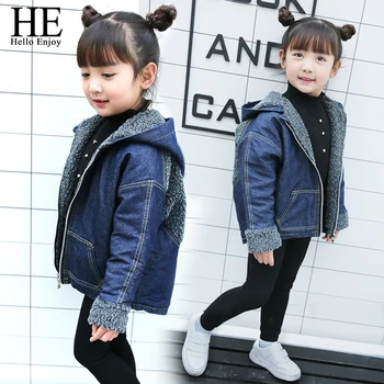 

HE Hello Enjoy Baby Girl Winter Clothes Kids Denim Jacket Girls Coat Warm Hooded Lambs Wool Jean Outerwear Boys Windbreaker