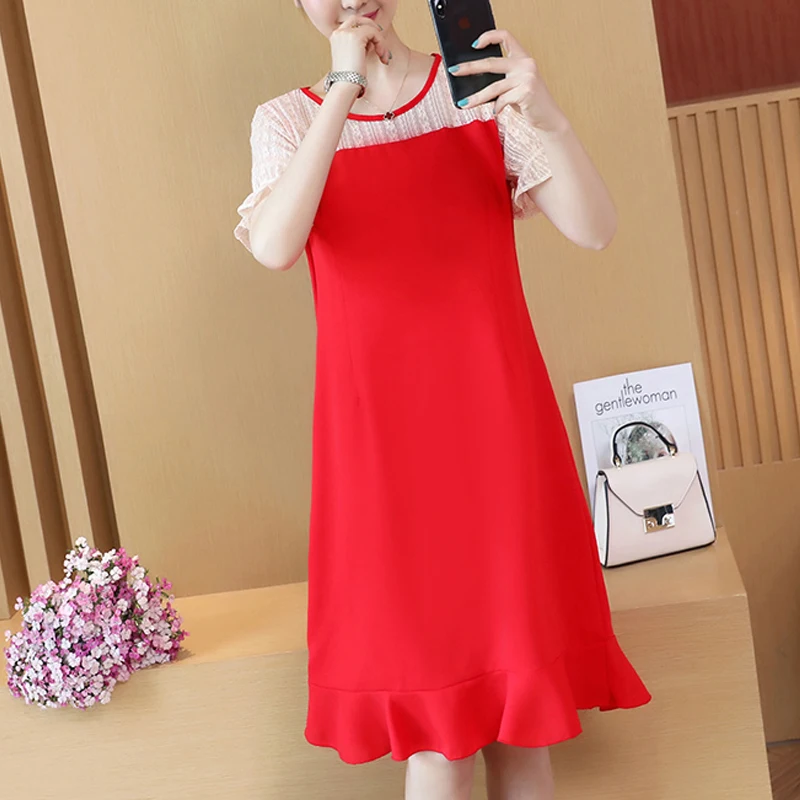 

Hollow out dress Summer Autumn 2018 Women plus size knee length dresses round neck short sleeve ruffle black women dress 86E3