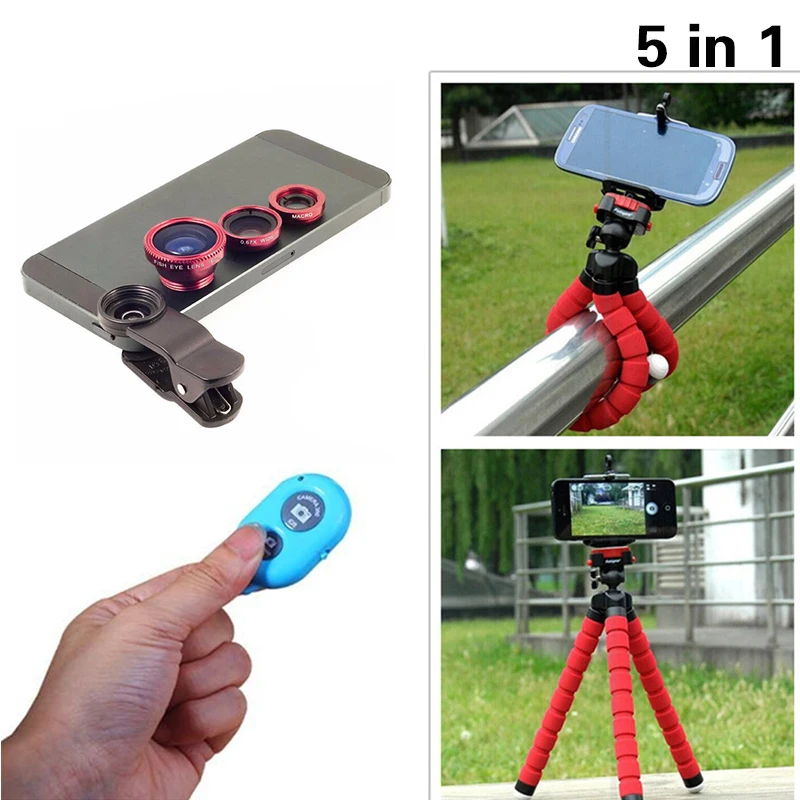 

2017 5in1 Camera Lentes Kit Fisheye Lens Wide Angle Macro Lenses with Tripod Bluetooth shutter For iphone 4 4s 5 5s 5c SE 6 6s 7