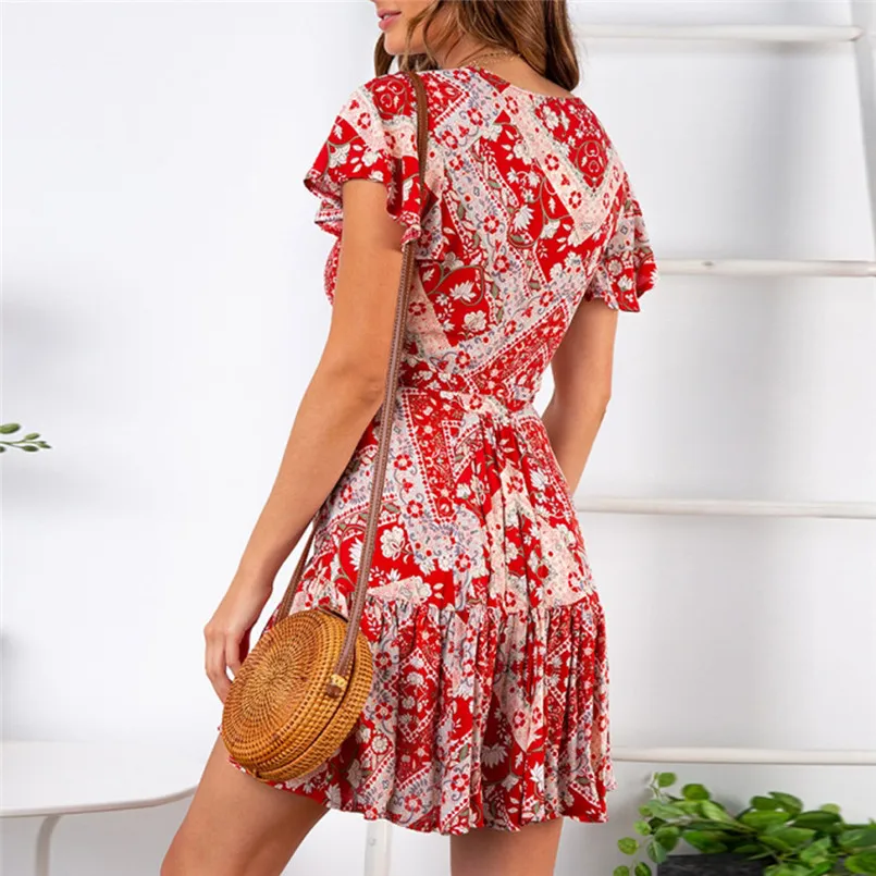 New Style Womens Boho Holiday Beach Mini Bandage Dress Ladies Floral Ruffled V-Neck Party Girls Simple Clothes Femme 40FE18 (21)