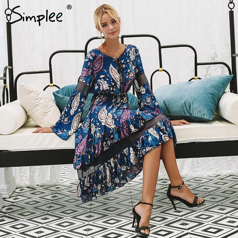 Simplee Ruffles print long dress women Mesh hollow out flare sleeve high waist dresses 2018 Autumn casual elegant dress Simplee Ruffles print long dress women Mesh hollow out flare sleeve high waist dresses 2018 Autumn casual elegant dress