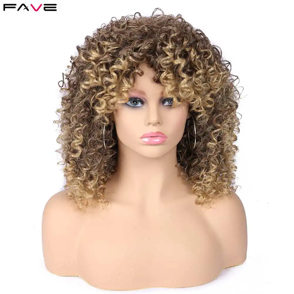 FAVE Afro Kinky Curly Wig With Bangs Synthetic Wigs Heat Resistant Fiber Ombre Dark Light Brown Gradient Color For Black Women