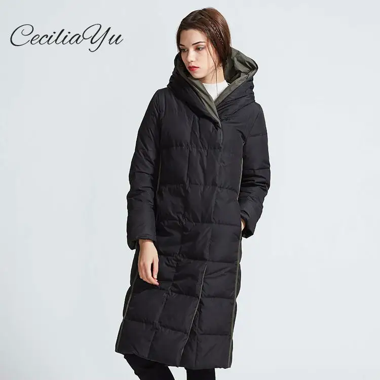 

Ceciliayu 2018 Winter New Arrival X-long Slim Thick Full White Duck Down 90% Coloured Leisure Long Hat Hooded Lady's Down Coat