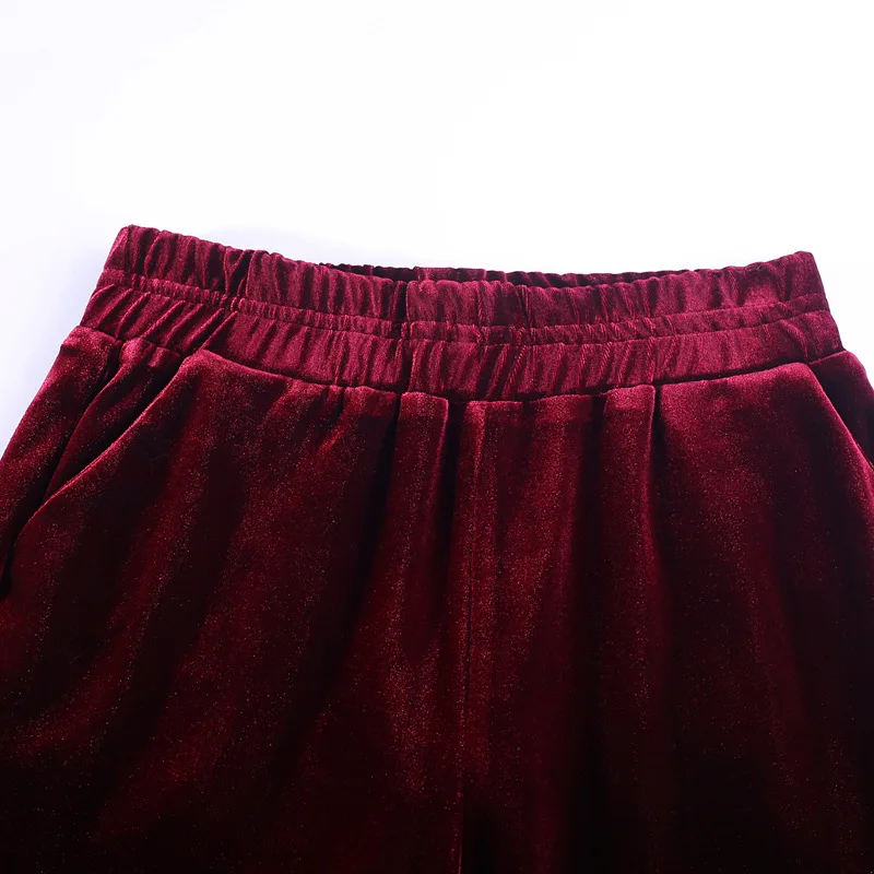 Осень Зима Модные женские винно-красные черные широкие эластичные Вельветовая с завышенной талией брюки, женские повседневные весенние велюровые брюки