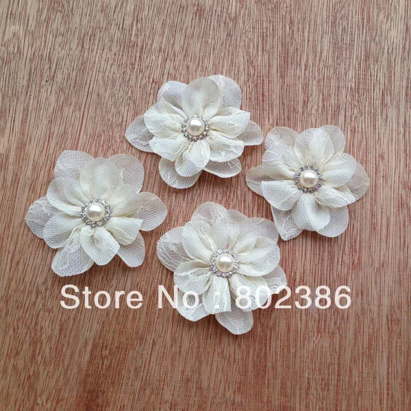 

Ivory Lace chiffon handmade Flower Pearl Button Center