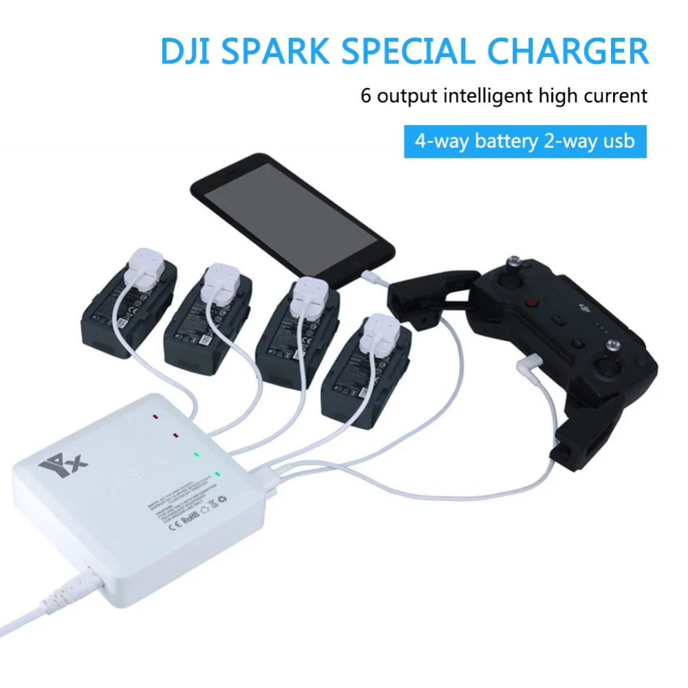 DJI Spark интеллектуальное устройство для быстрой зарядки аккумулятора пульт дистанционного управления для DJI аккумулятор Spark 6 выходное зарядное устройство с 2 портами usb 4 адаптерами