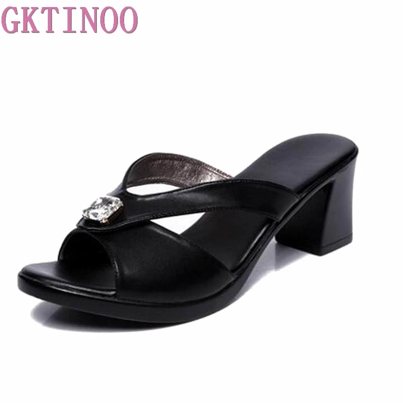

GKTINOO Designer Shoes Women Luxury 2018 Women Slides Open Toe High Heels Rhinestone Slippers Summer Slipper
