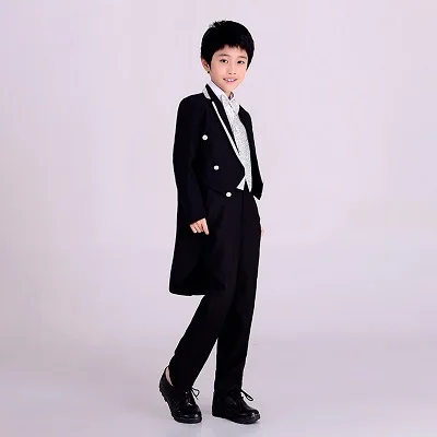 5 шт., деловой костюм для маленьких мальчиков Детский Свадебный костюм с длинным хвостом и жилетом черный цвет, размеры от 2 до 12 лет - Цвет: Black