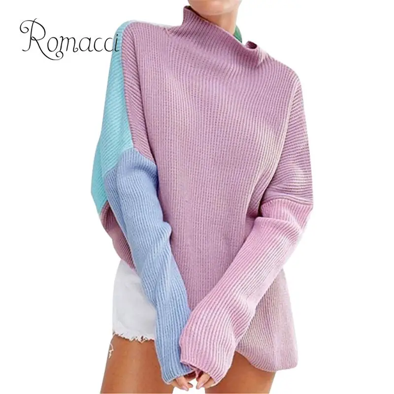 

Roamcci Autumn Winter Women Knitted Sweater High Neck Batwing Sleeve Loose Splice Pullover Sweaters Knitwear Shirts Light Purple