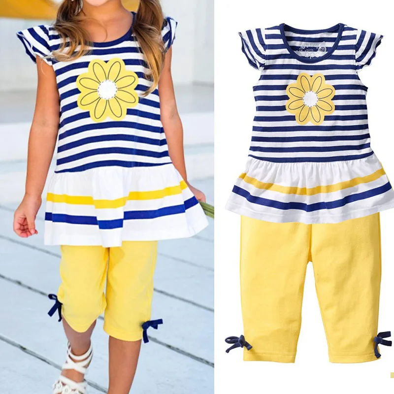 

New Girls Clothing Sets Daisy Summer Short Sleeve Striped T-Shirt + Pants Baby Kids Clothes Z248 NSV775