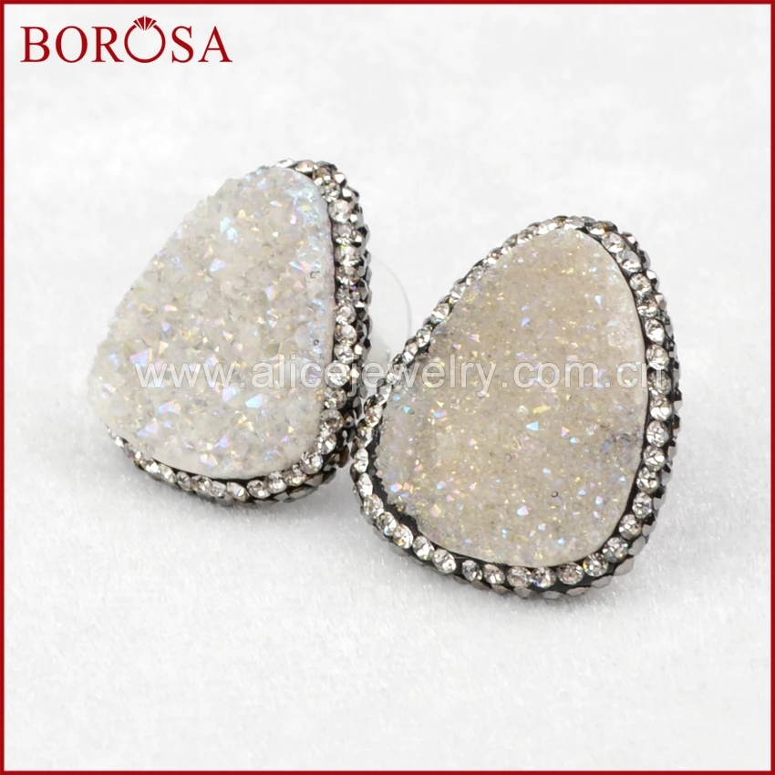 Borosa Радуга Треугольники кристалл Druzy Geode Серьги-гвоздики, ручной работы CZ цирконами Drusy хрустальные камни Серебряные серьги JAB098