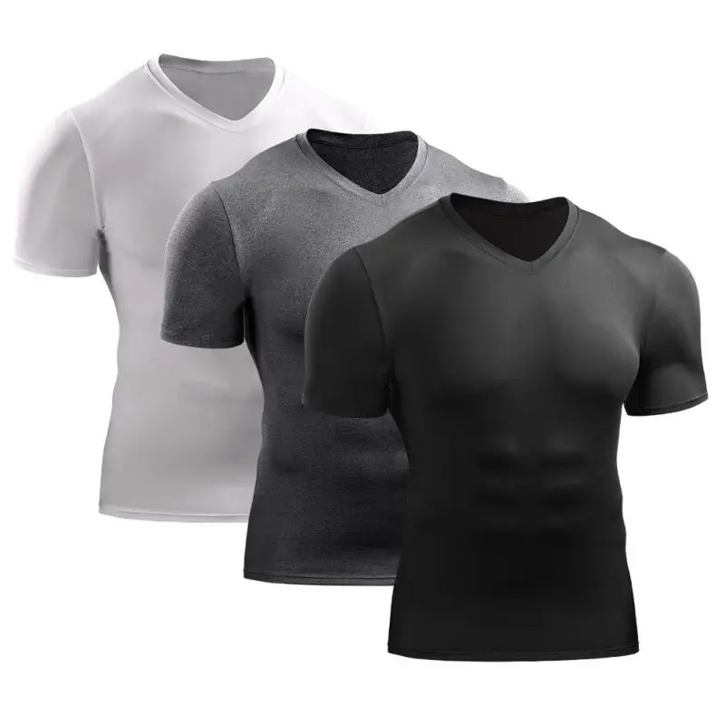 Men\'s tight fitting V neck sports T shirt Gym fitness clothing running