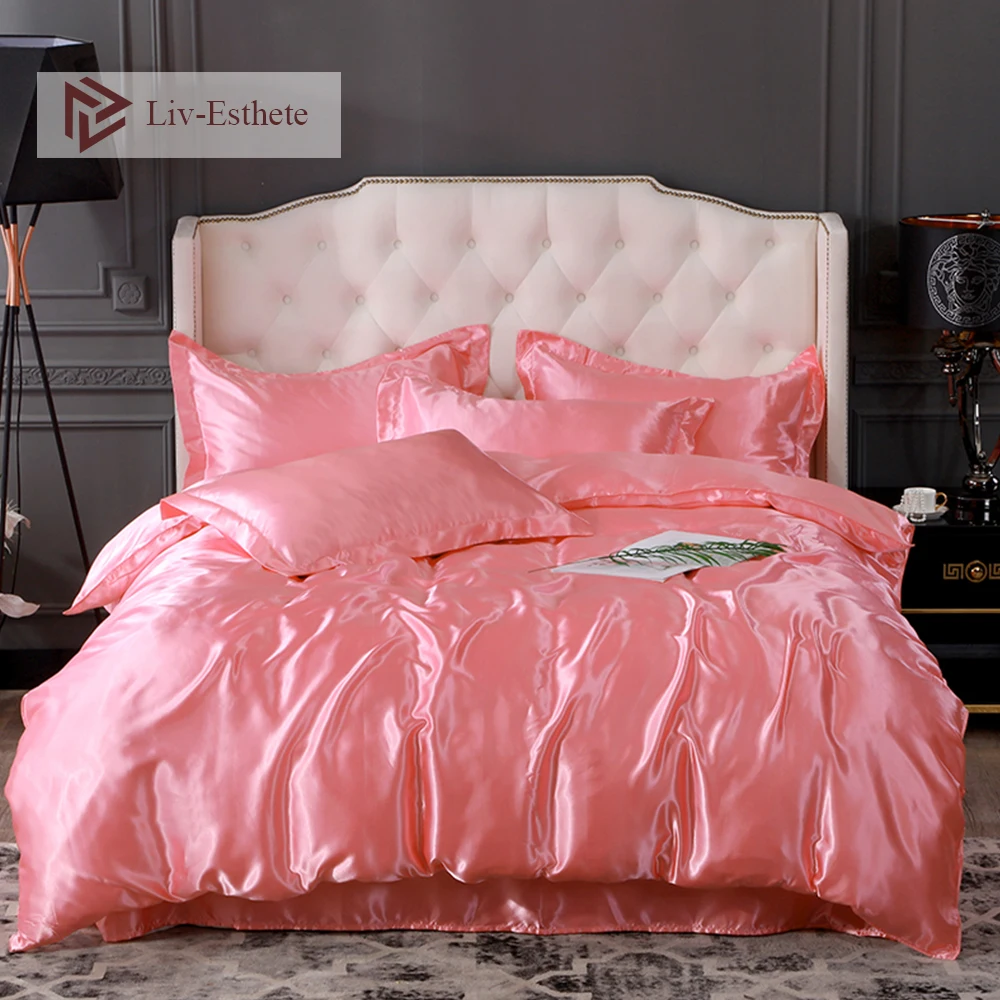 

Liv-Esthete Luxury Pink Jade Silk Bedding Set Soft Silky Duvet Cover Flat Sheet Pillowcase Double Queen King Bed Set Wholesale