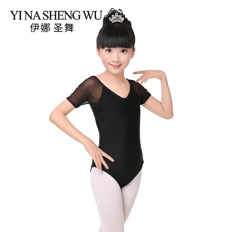 Children Dance Clothing Ballet Dance Practice Leotard Girls Short-Sleeve V-neck Mesh Splice Black Gymnastics Dance Costumes
