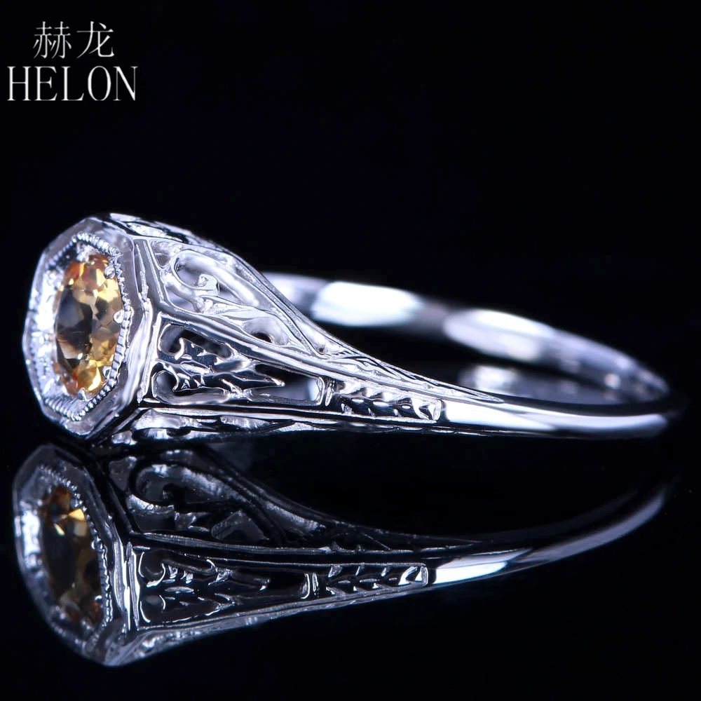 HELON Solid 10 K, белое золото, сертифицированный круглый 0.92ct, натуральный цитрин, гравировка, винтажное обручальное кольцо, свадебные женские украшения