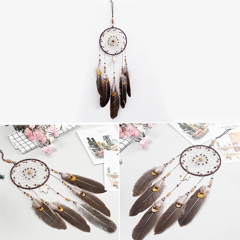 

Handmade Vintage Dreamcatcher Net with Feathers Room Decor Dream Catcher Brown Bell Wind Chimes and Hanging Decorations 1PC