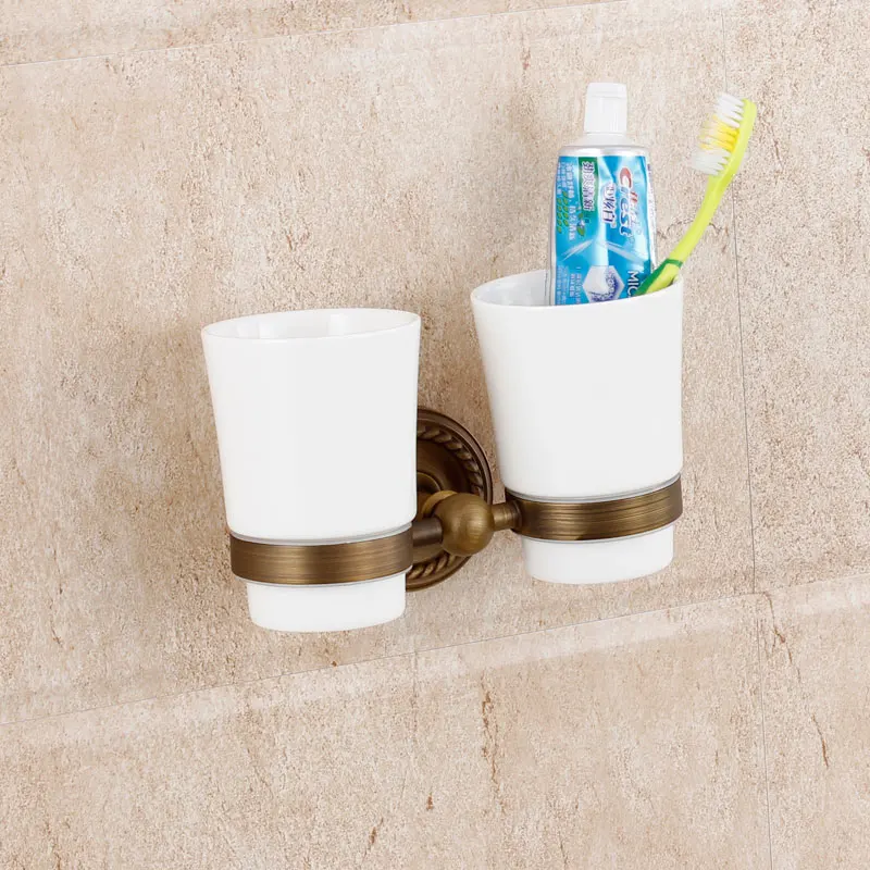 Bathroom Brass Toothbrush Holder Ceramic Double Cup Tumbler Wall Mounted