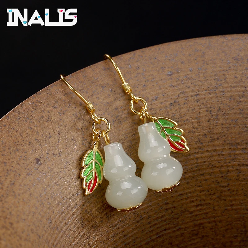 

INALIS New Elegant Drop Earrings S925 Sterling Silver Gourd Shape Natural Hetian Jade with Multi Leaf Cloisonne Ear Hook Jewelry