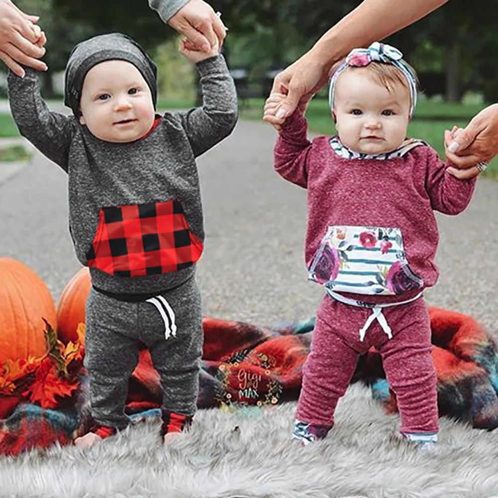 Newborn Baby Boys Girls Plaids Print Hoodies Tops+Pants Kids Outfit Set Clothes