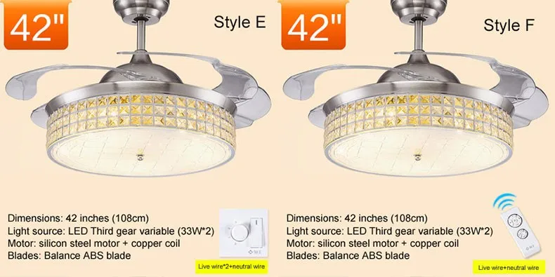 Современные вентилятор Кристалл Выдвижной лезвия Дистанционное управление с подсветкой Невидимый светодиод складной потолочный вентилятор Обеденная лампа