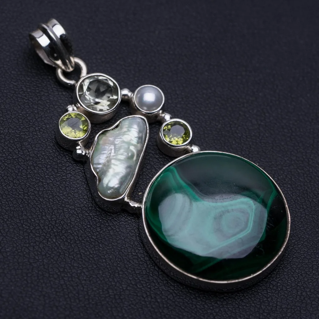 

Natural Malachite,Biwa Pearl,Peridot,River Pearl and Green Amethyst 925 Silver Pendant 2 1/4" P0141