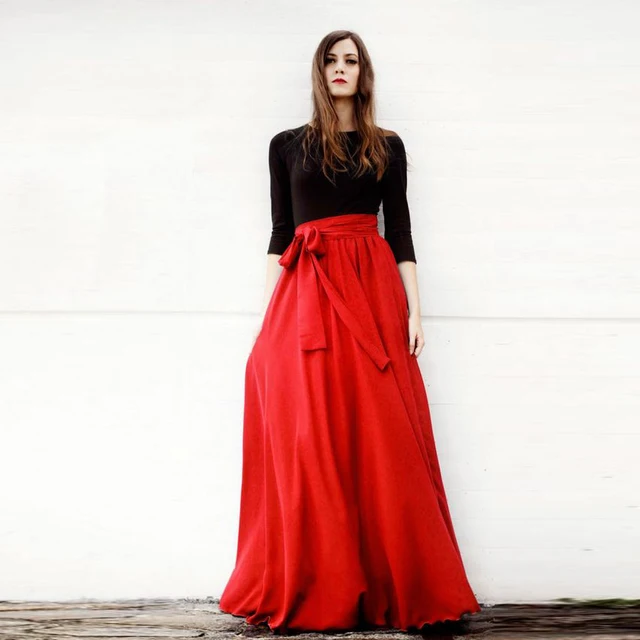 Generous Red Maxi Skirt Band Bow Waistline A Line Floor Length Long