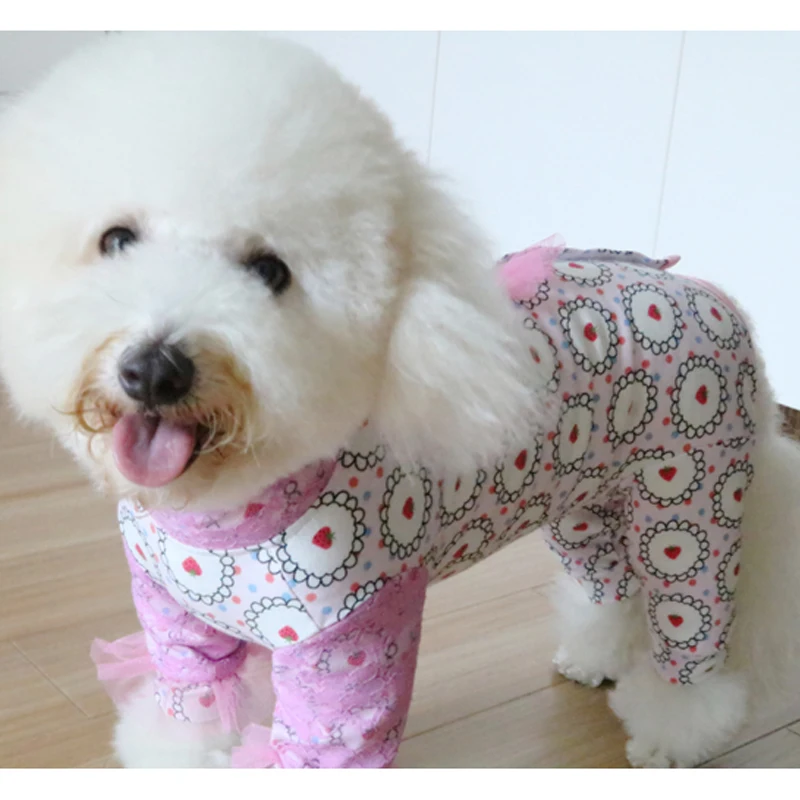 

Pet Dog Jumpsuits Printed Puppy Wrap Belly Clothes For Small Dogs Short Sleeve Lace Back Wear Sweatshirt Stretch Cotton Pajamas