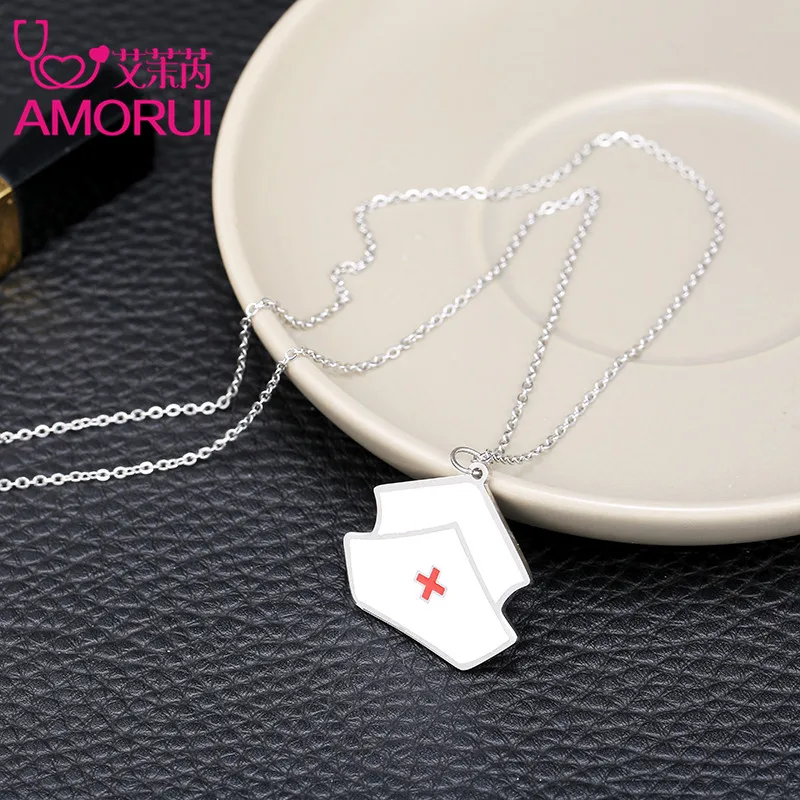 AMORUI Enamel Nurse Hat Medical Professional Necklaces & Pendants for Women Fashion Jewelry Silver-Color Choker Necklace Gift