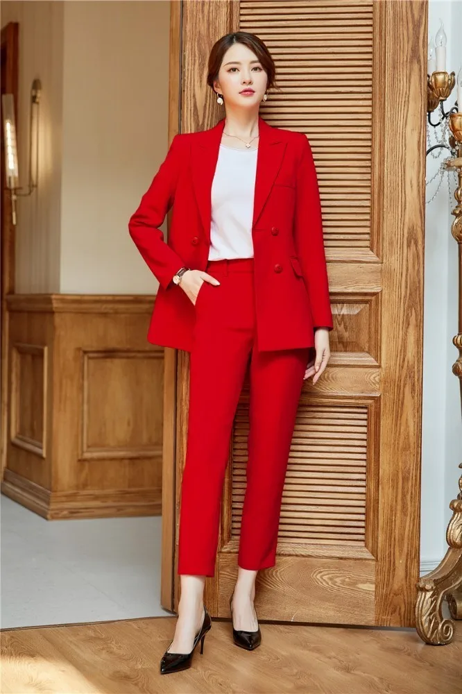 Модные красные деловые костюмы осень-зима с узкими брюками и пиджаками, пальто для женщин, рабочая одежда, брючные костюмы, блейзеры - Цвет: Red Pantsuits