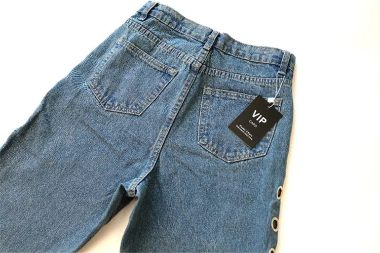 Women's Street 2018 New Europe and America BF Wind High Waist Loose Pants Rivets Openwork Metallic Eyes Jeans (12)