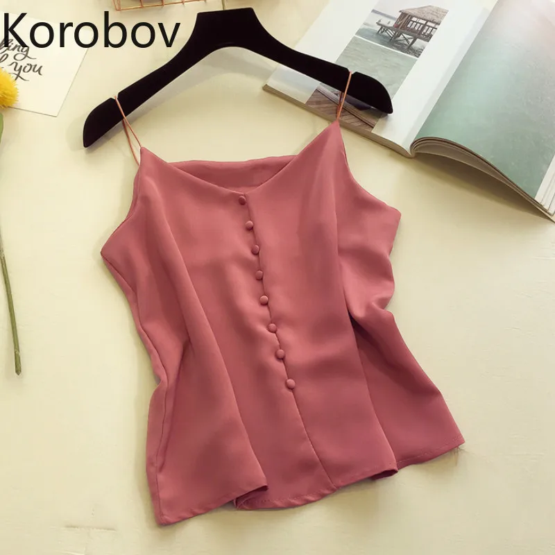 Korobov, новинка, винтажный однобортный Шелковый топ на бретелях, v-образный вырез, Vogue, без рукавов, с открытыми плечами, топики ярких цветов, корейские Топы 77832