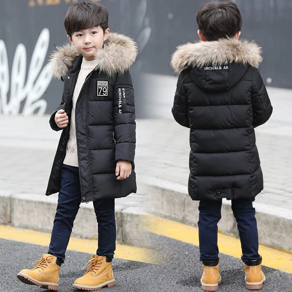 

2018 Autumn Winter Children boy Warm Thick Jackets With Fur Hat Kids Parkas Cotton Filling Boy Outdoor Coats 3 Colors 4-14 Years