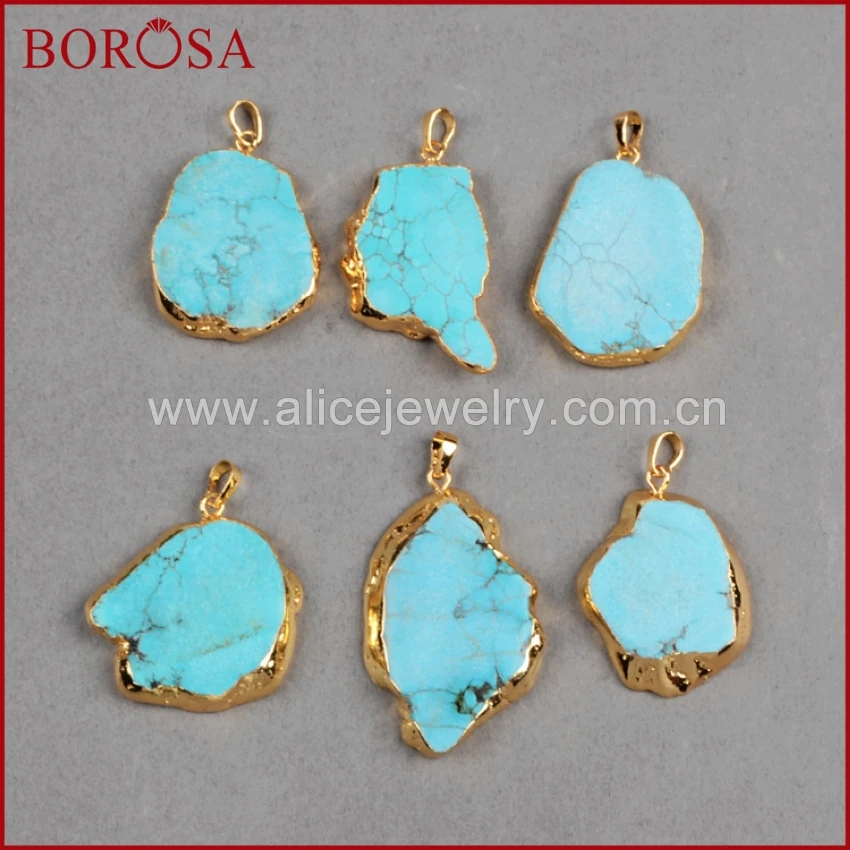 

BOROSA 10PCS Gold Color Freeform Blue Howlite Blue Stone Pendant Beads for Necklace Fashion Gems Drusy Jewelry G0180