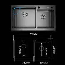 75*40 см Черная кухонная раковина двойная раковина ручная 304 нержавеющая сталь бесшовная Сварка раковина кухонный, для овощей раковина черная раковина