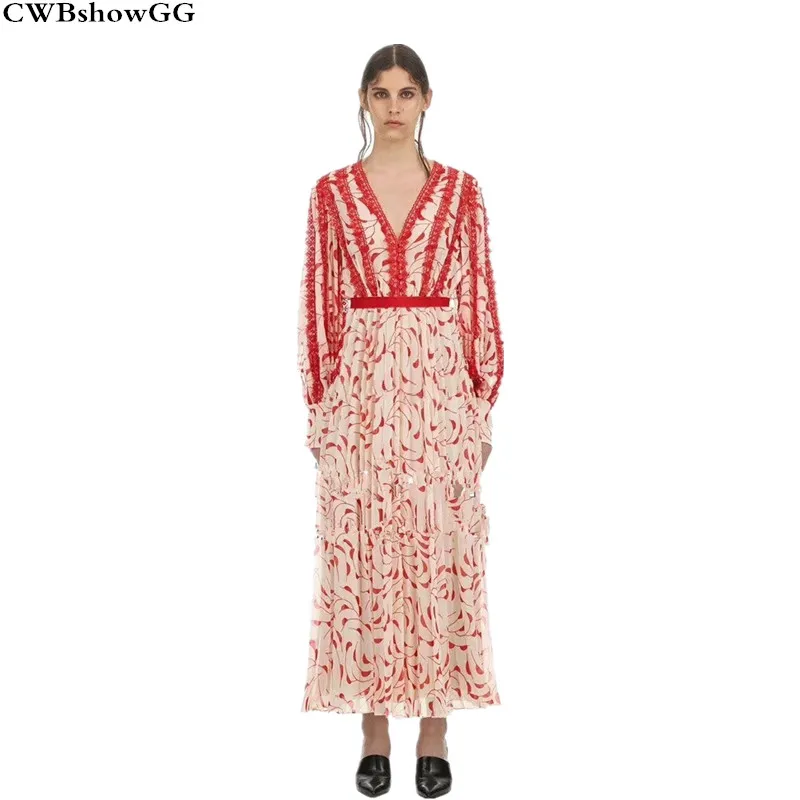 

CWBshowGG Self-Portrait designer red print lace long sleeve dress 2019 spring V-neck lace ruffles patchwork pleated maxi dress