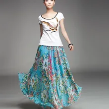 Шифоновая длинная юбка с цветочным принтом в богемном стиле, женская летняя пляжная юбка макси, эластичная винтажная сексуальная юбка для женщин