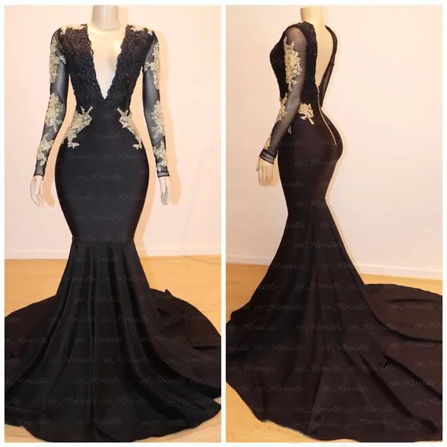 New Plus Size V neck Gold Lace Appliques Black Prom Dresses Mermaid