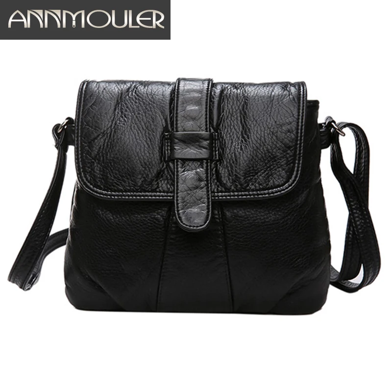 Annmouler Fashion Women Crossbody Bag Black Soft Washed Leather Shoulder Bag Small Size Messenger Bag Quality Lady Purse
