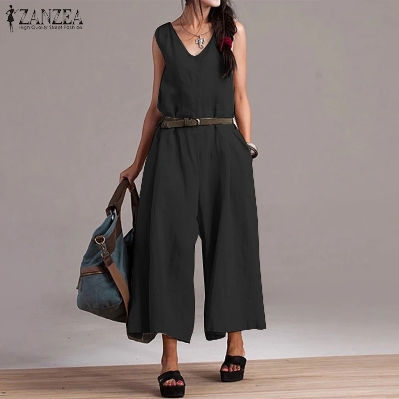 

ZANZEA Women Elegant Solid Jumpsuit 2019 Summer Cotton Linen Long Jumpsuits Rompers Womens Wide Leg Playsuits Casual Overalls