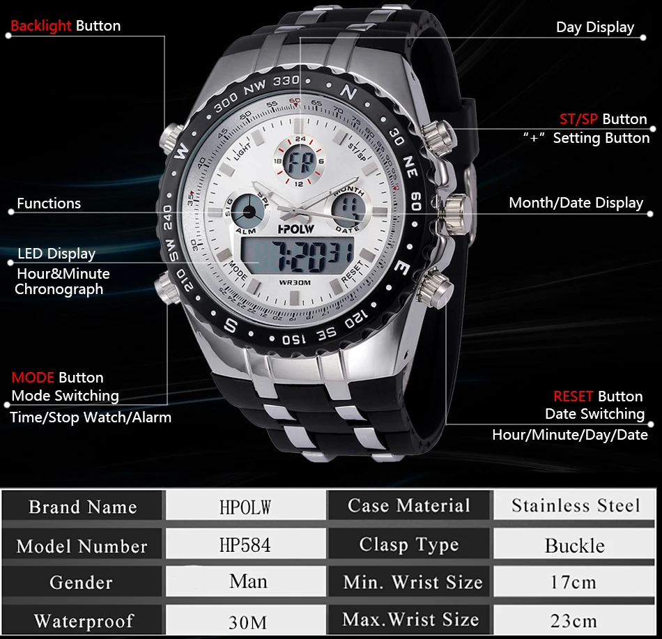 Для мужчин Роскошные Аналоговые Цифровые кварцевые часы новый бренд HPOLW повседневное часы для мужчин G стиль