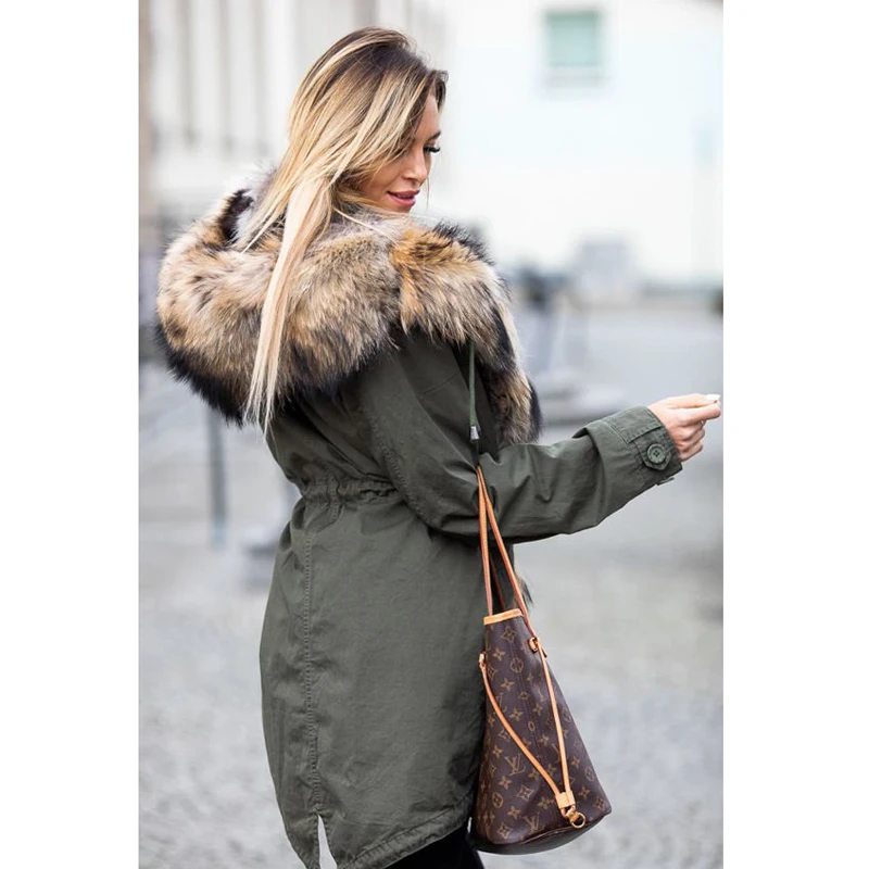 CKMORLS New Fashion Parkas With Natural Big Raccoon Fur Collar Armygreen Fur Jacket For Women Real Fur Coats Thick Warm Outwear