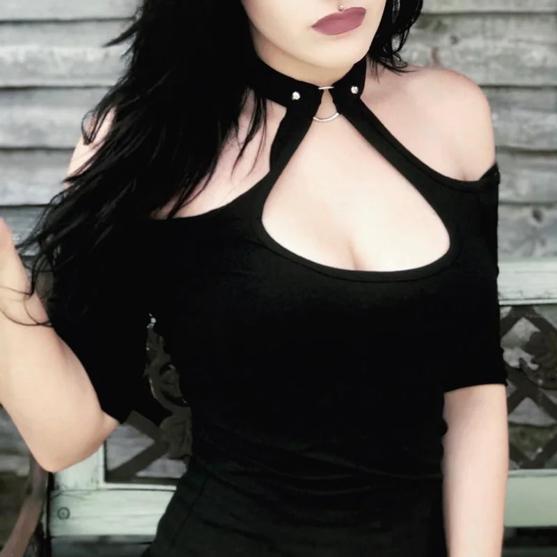 

Women Gothic Tops Cold Shoulder Halter Neck Punk Crop Vest Top Shirts T-shirt GDD99
