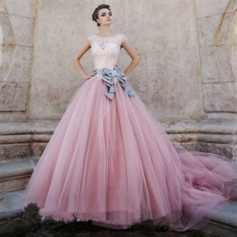 

2015 Vintage O-Neck Pink Lace Wedding Dress Sweep Train Crystal Bridal Gowns With Bow Vestidos De Noiva High Quality Guaranteed