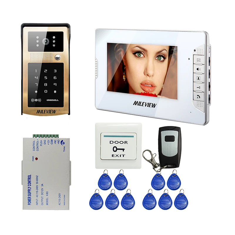 

FREE SHIPPING 7" LCD Video Door Phone Intercom System White Monitor Golden Metal Outdoor RFID Code Keypad Doorbell Unlock Camera