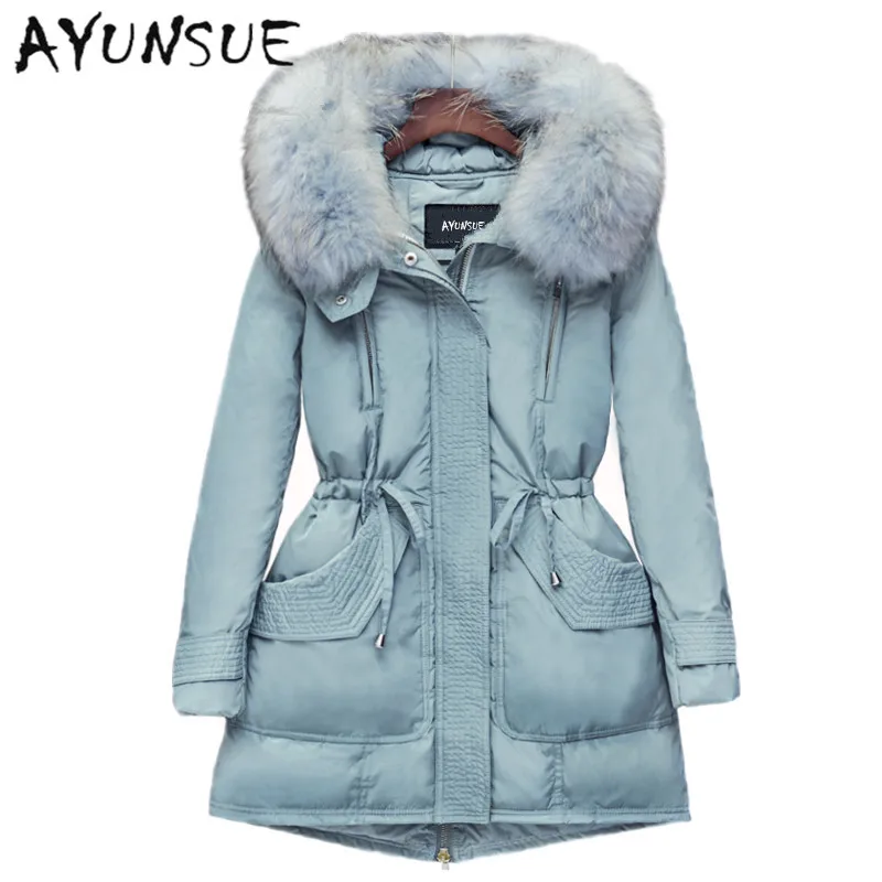 

Large Raccoon Fur Down Coat Parka Warm Winter Jacket Women Outwear White 90 Duck Down Slim Waist Plus Size XXXL Woman Coat XC032