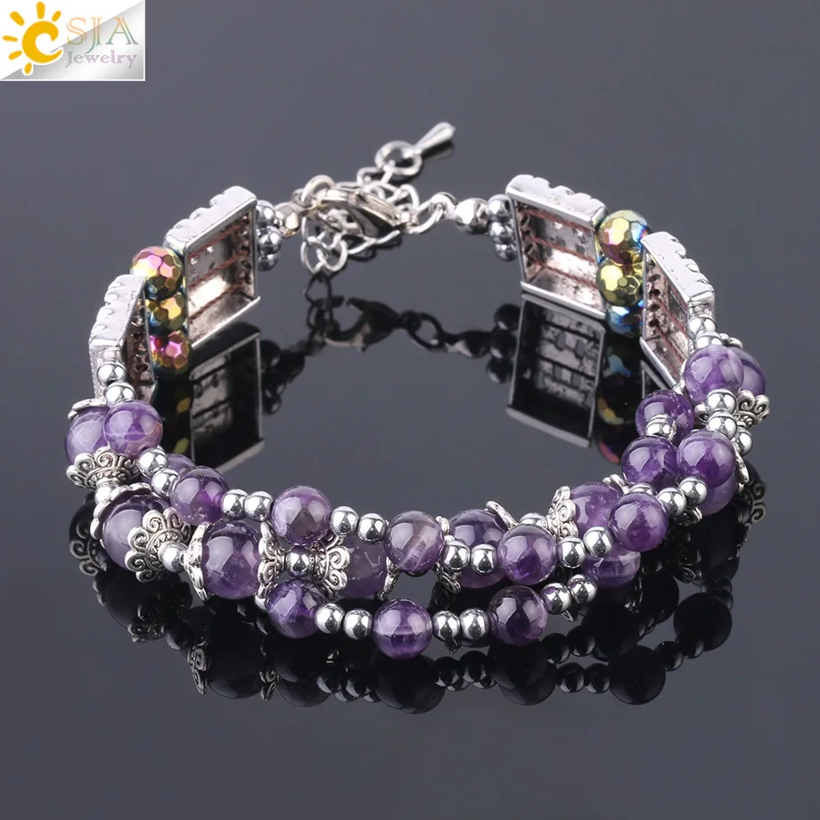 

CSJA Natural Stone Purple Crystal 3 Row Wrap Bracelet Ancient Silver Color Adjustable Multilayer Reiki Bangle for Women Men F757