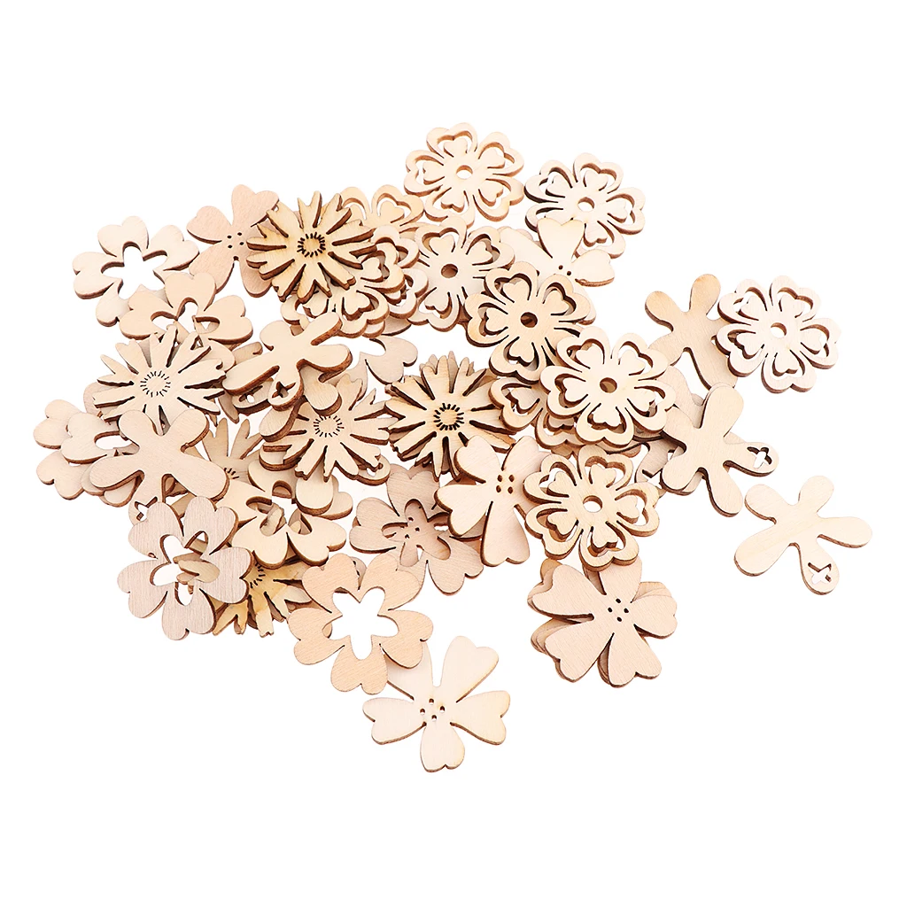 50pcs Wood Hollow Cutouts MDF Wooden Flowers Embellishment Buttons Flatbacks Craft for Scrapbooking Cardmaking DIY Decorations