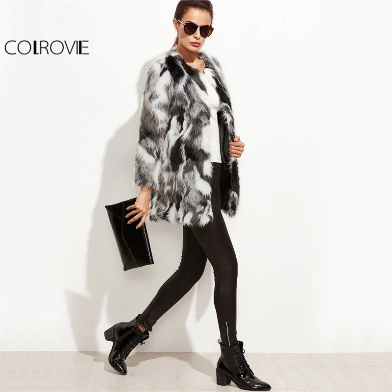 COLROVIE Faux Fur Fuzzy Coat Women ColorBlock Open Front Elegant Autumn Coats Fashion Winter Long Sleeve OL Work Coat Outerwear