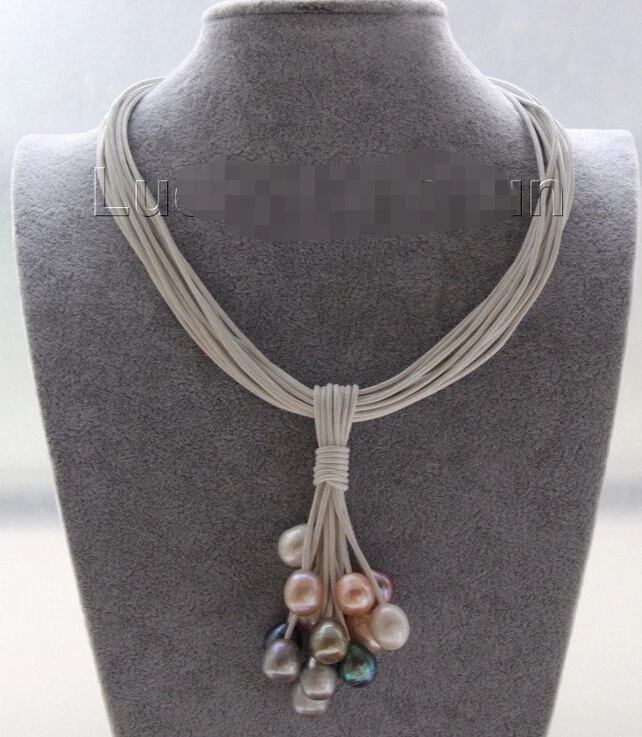 

Free shipping > >>>Choker 16" 15row 14mm black pink gray pink pearls white leather necklace j9544 6.07 6.8 6.09