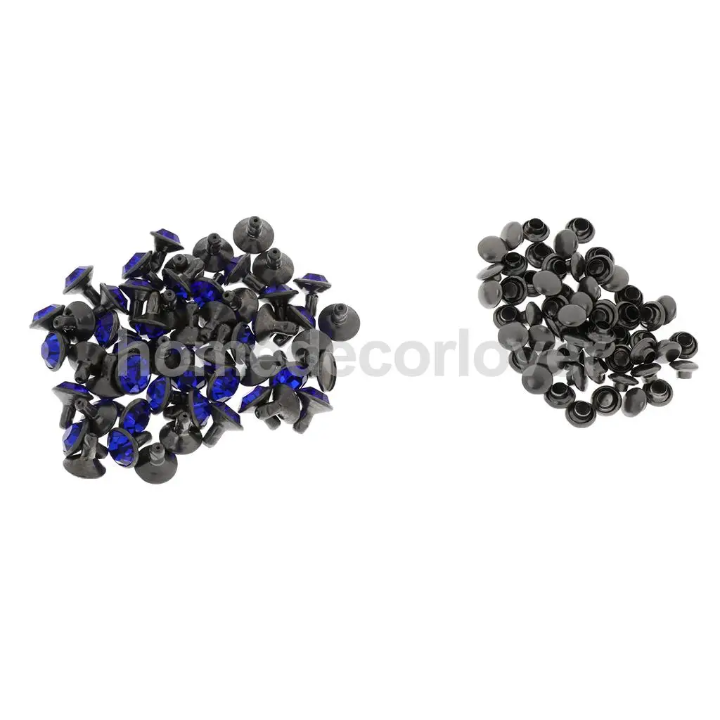 50 Sets Blue Rhinestone Rivets Crystal Rapid Rivets Spots Studs Double Cap for DIY Leather Craft Clothes Bag Shoes Decor